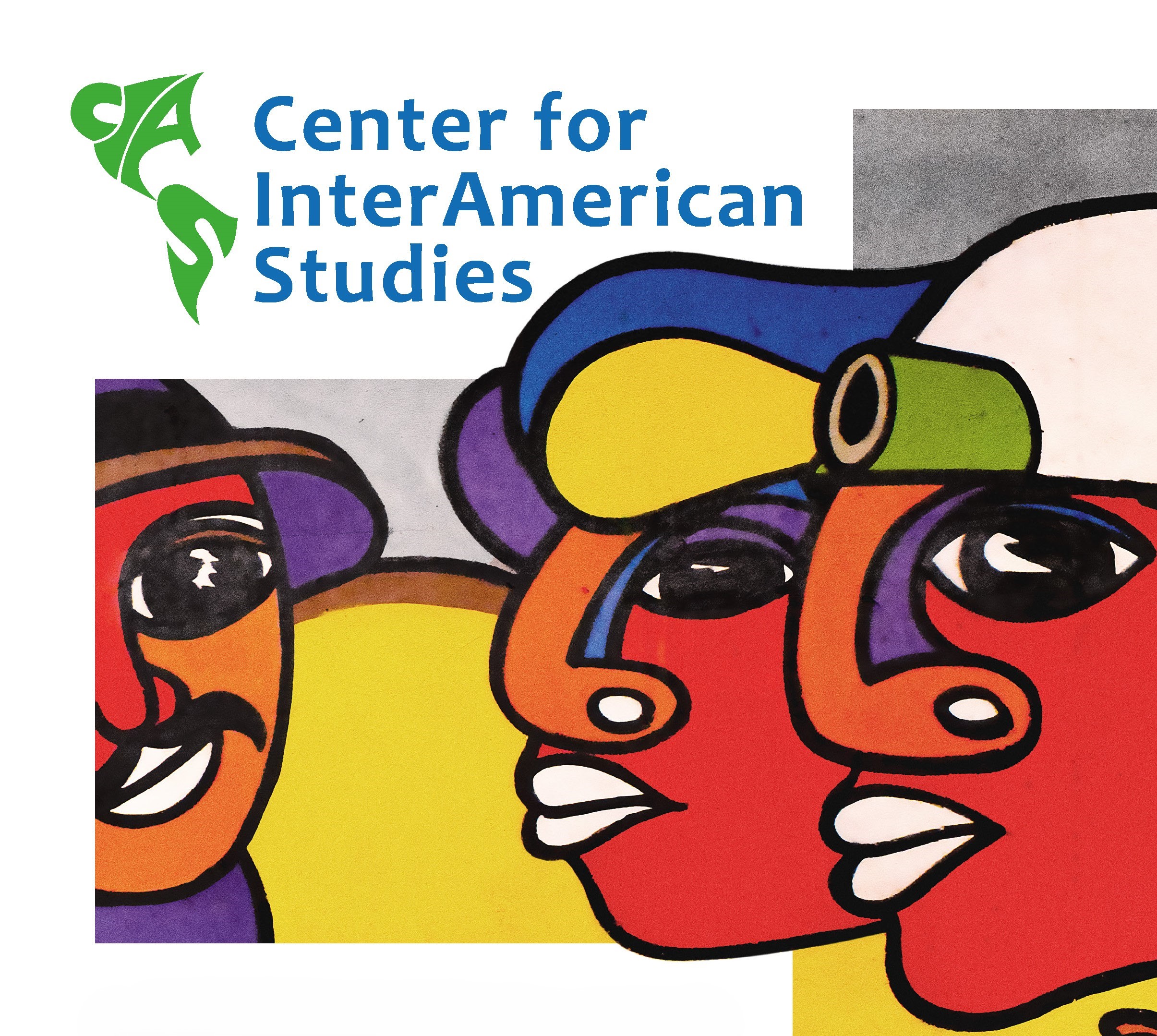 Jubiläumskarte des CIAS mit schematischer Darstellung derAmerikas und einem weißen Panoramabild der Uni auf grünem Hintergrund. Dadrunter verschiedene Poster vergangener Veranstaltungen